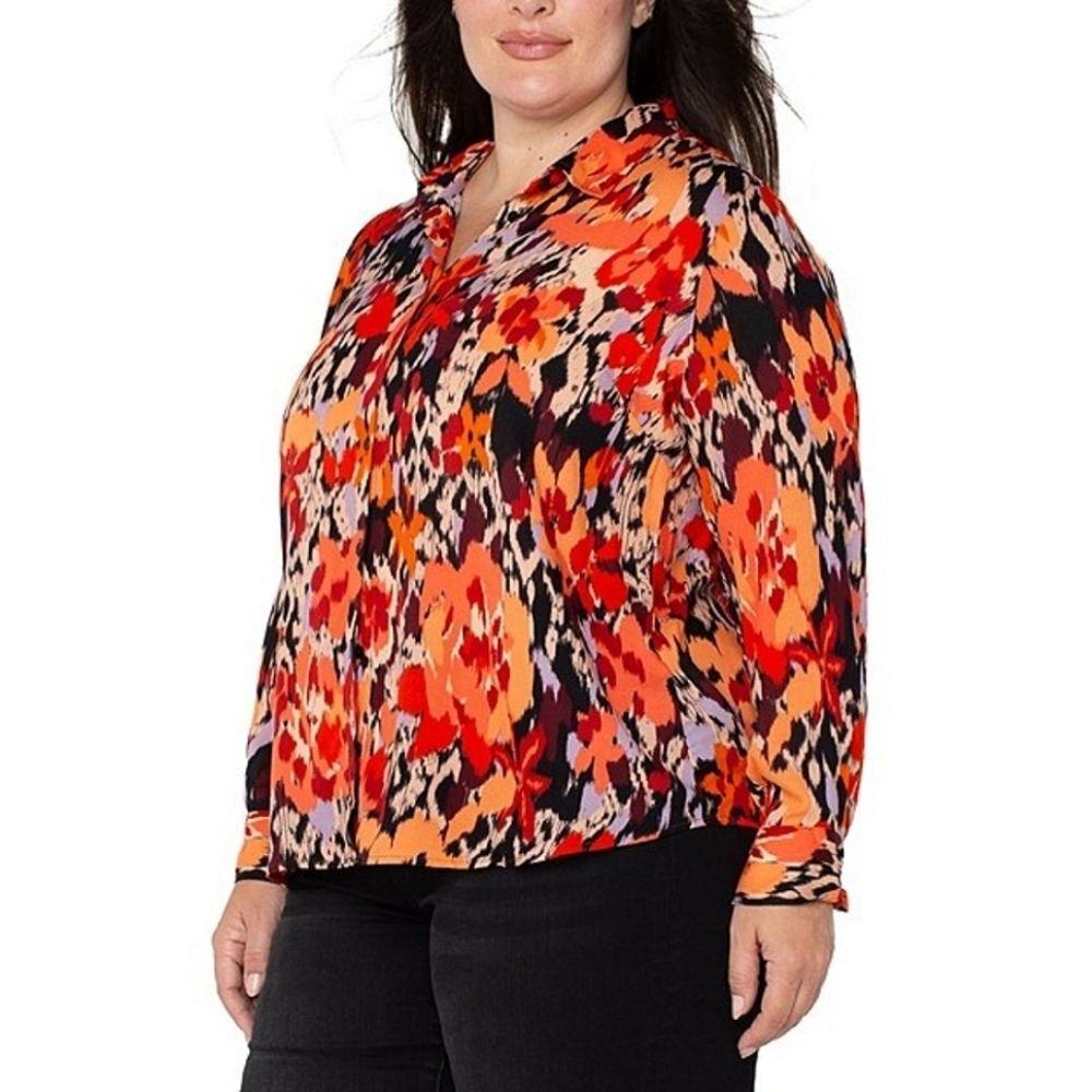 Liverpool Los Angeles 3X Button Up Down Shirt Orange Floral Office Work Business